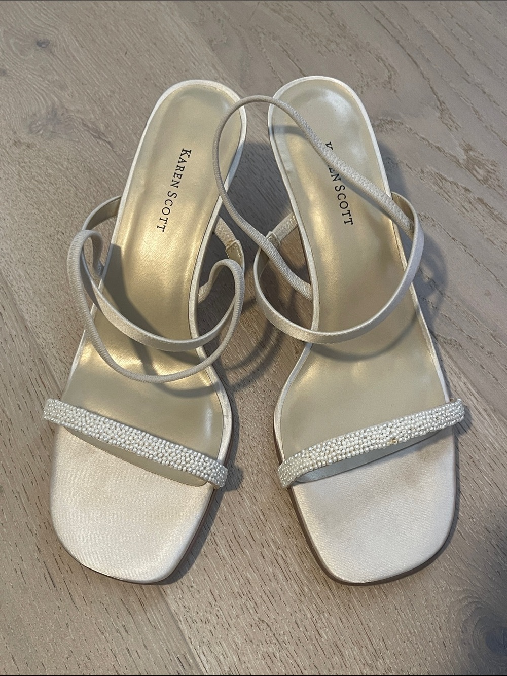 Karen Scott Champagne Satin Pearl-Embellished Strappy Heels (EUC) SIZE 10M. #7